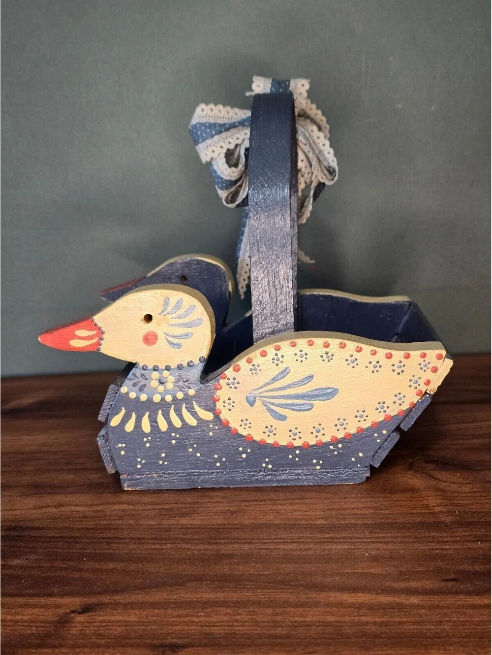 Vintage Wooden Duck Basket Blue Hand Painted Farmhouse Decorative Trug